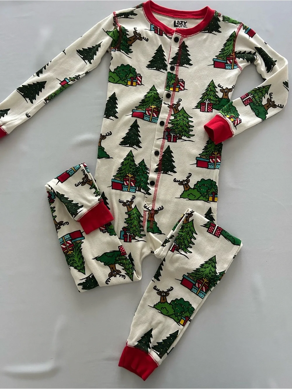 Lazy One Kids Cream Holiday Tree & Reindeer Pajama One-Piece No Peeking Flap